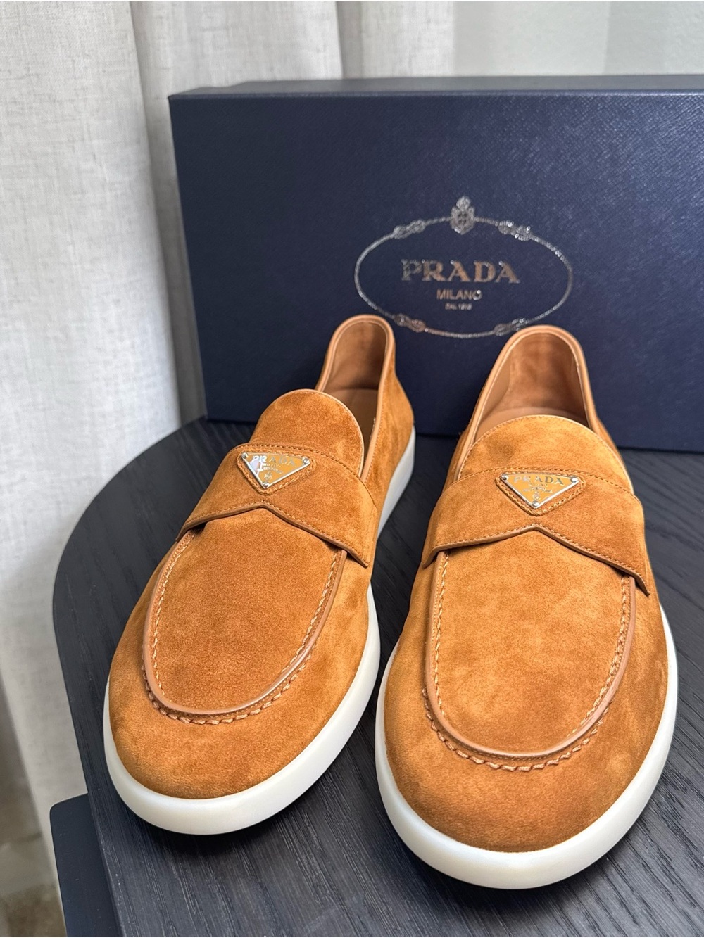 Prada Men's St. Tropez Suede Loafers Cognac 13 - Picture 2 of 7